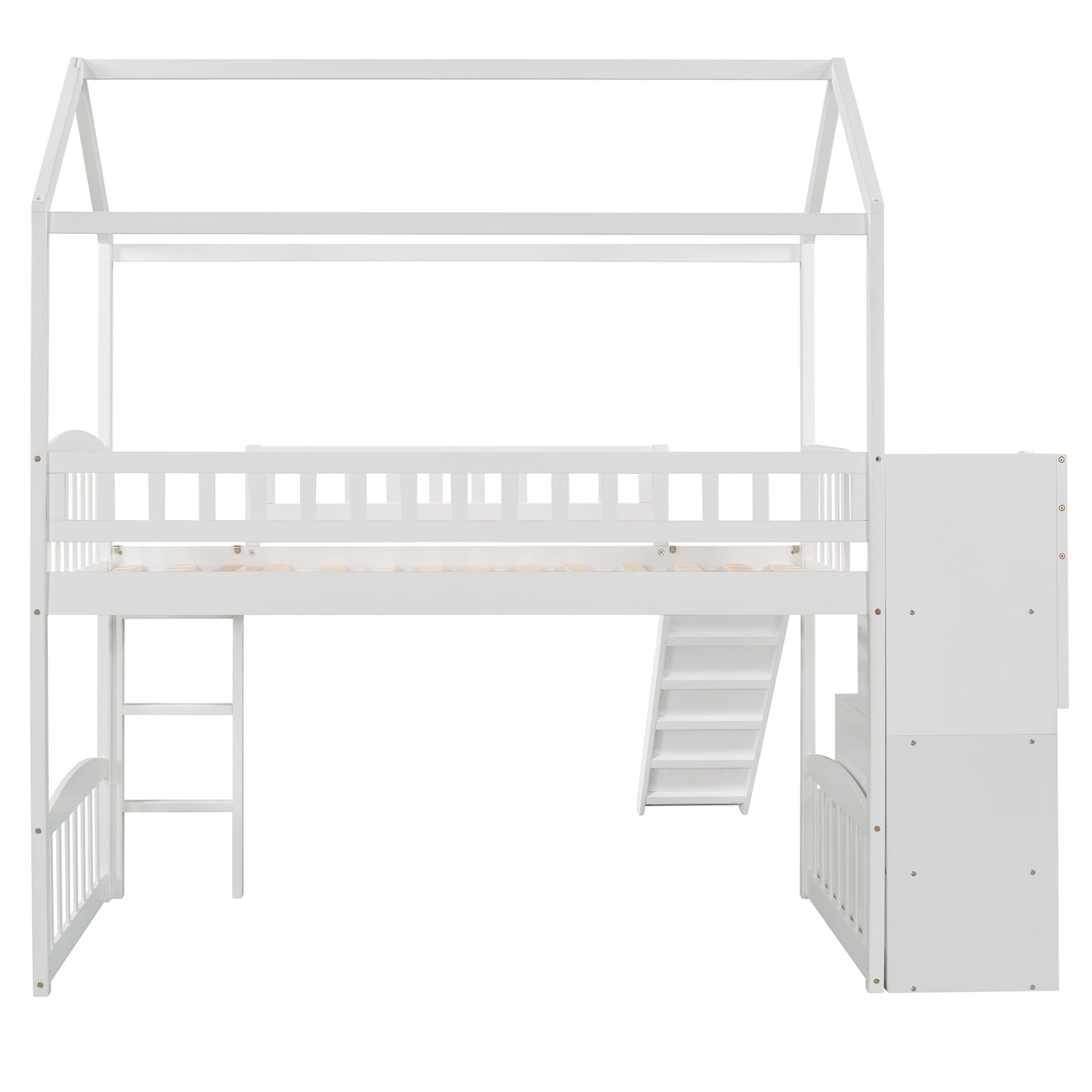 Twin Loft Bed with Two Drawers and Slide, House Bed with Slide, White