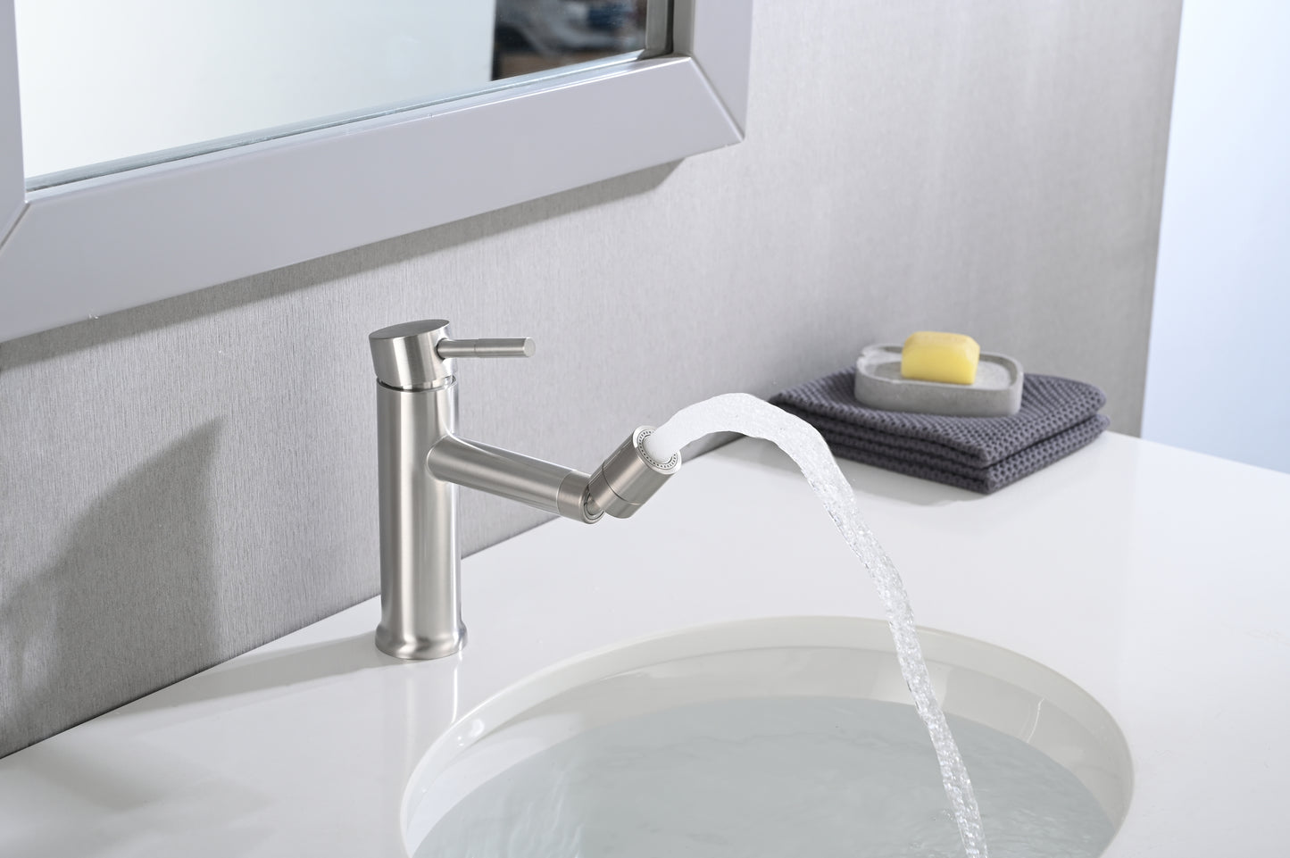 2 Mode Brushed Nickel Bathroom Faucet with 360° Rotating Aerator