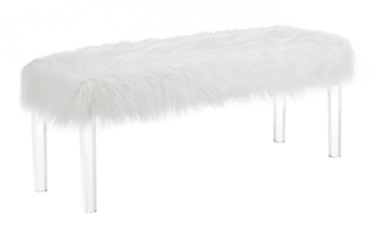 1pc White Glam Accent Bench with Faux Fur Seat Transparent Legs