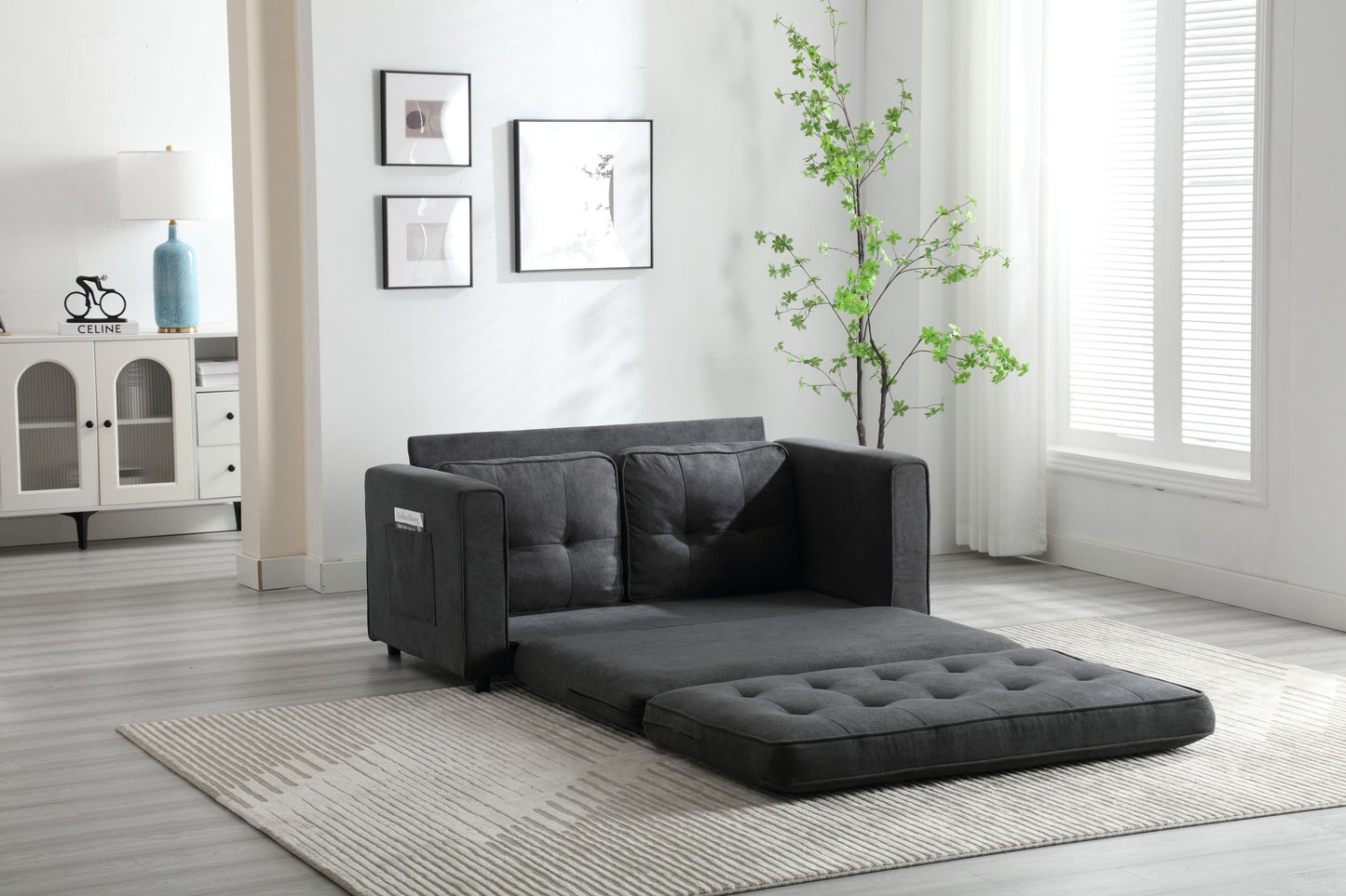 Convertible 3-Fold Sofa Bed with Side Storage, Velvet Linen Fabric