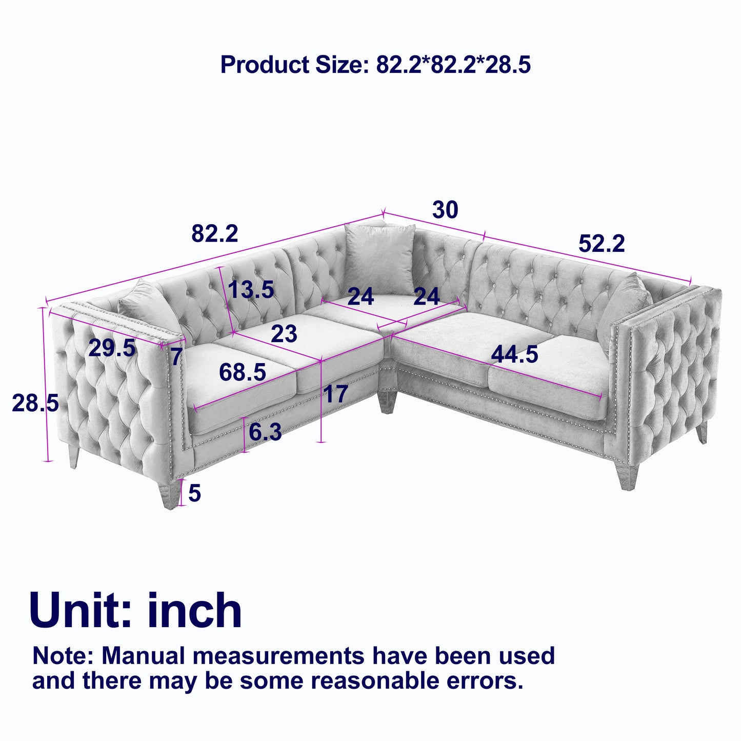 82.2-Inch Velvet L-Shaped Corner Sofa with Nailhead Trim and Solid Wood Frame