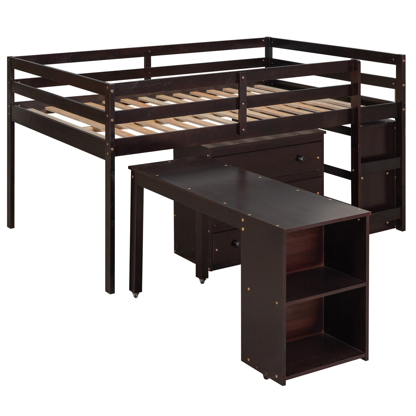 Low Study Full Loft Bed with Cabinet ,Shelves and Rolling Portable Desk ,Multiple Functions Bed- Espresso