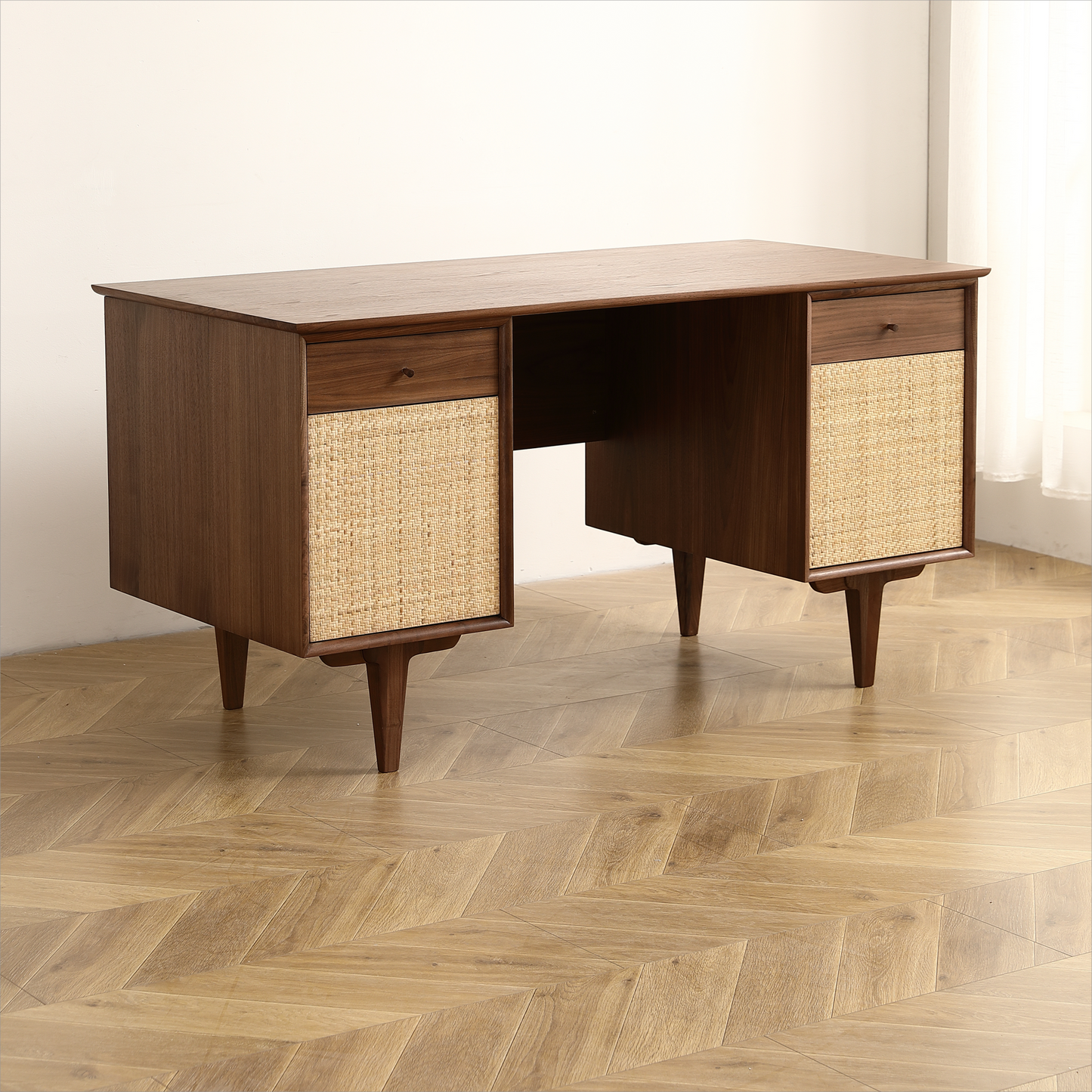 Elegant Large Black Walnut Desk with Chic Rattan Mesh Door and Spacious Storage Area