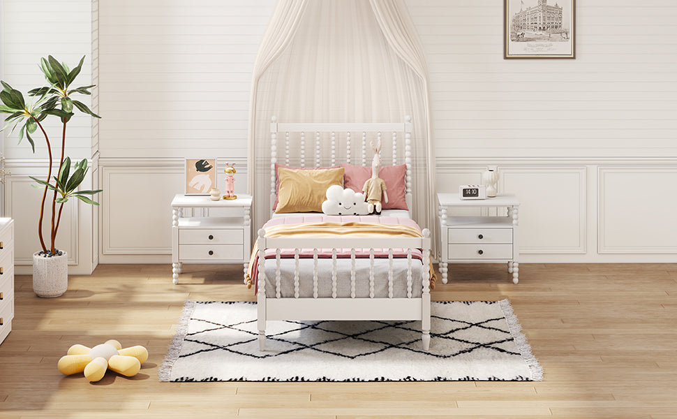 Twin Size Wood Platform Bed with Gourd Shaped Headboard and Footboard, White