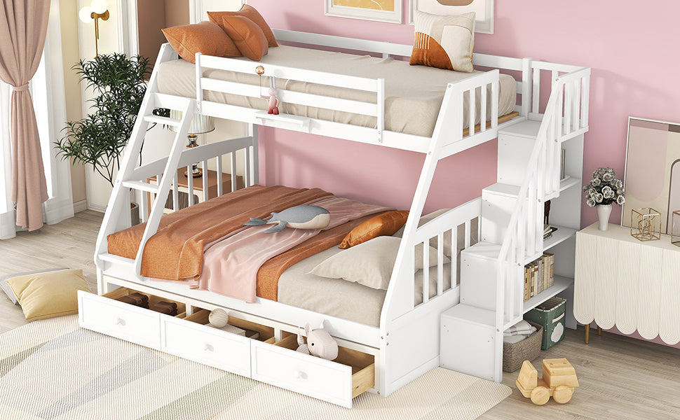 White Bunk Bed with Drawers, Ladder, and Storage Staircase for Twin and Full Sizes