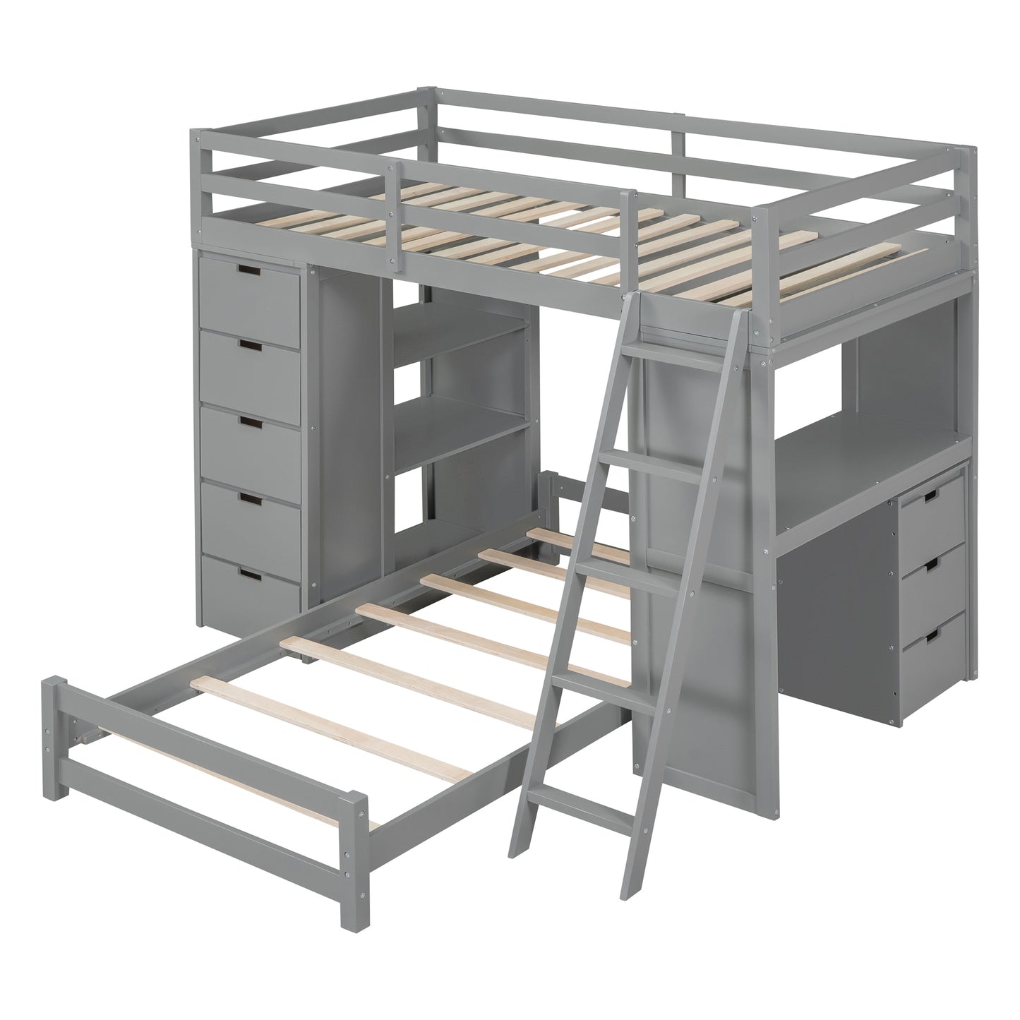 Twin Over Twin Gray Bunk Bed with LED Light, USB Ports, and Storage Space