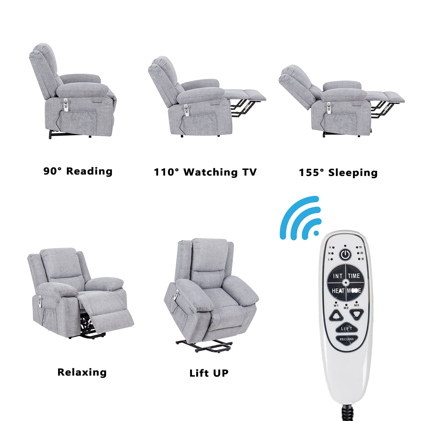 Elderly Electric Power Recliner Chair with Multi-Function Massage, Heating, and Storage - Light Grey