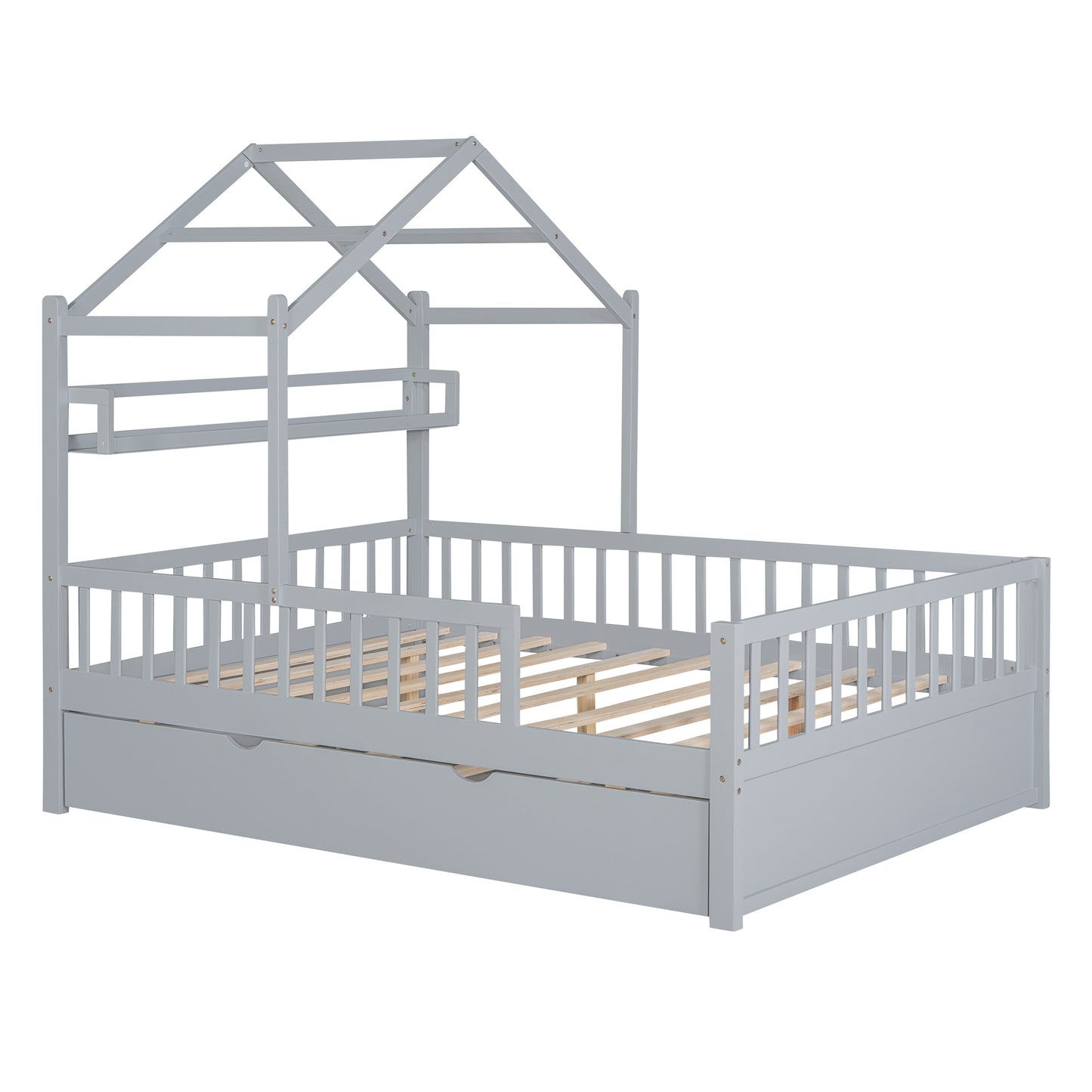 Wooden Full Size House Bed with Trundle,Kids Bed with Shelf,Grey