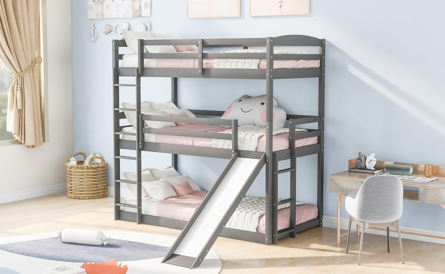 Adjustable Gray Triple Bunk Bed with Ladder, Slide, and Twin Size (OLD SKU: SM000508AAE)