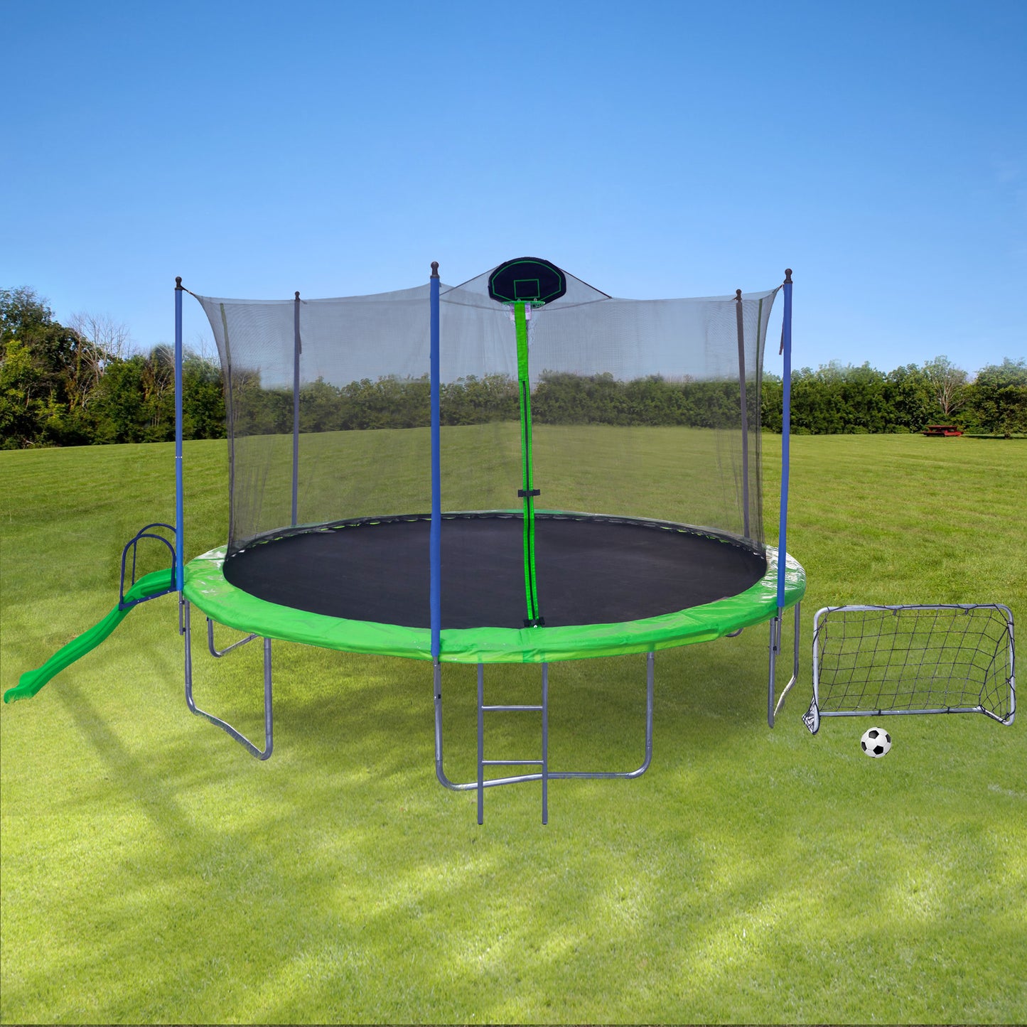 14FT Trampoline with Slide , Outdoor  Trampoline for Kids and Adults with Enclosure Net and Ladder,football goal