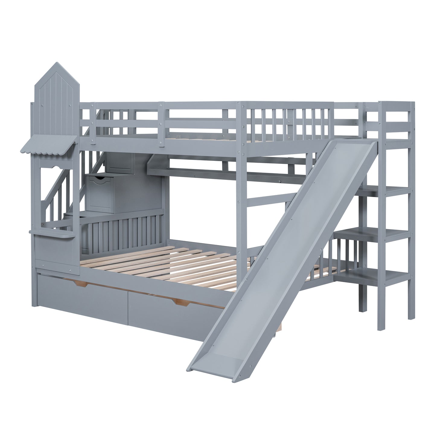 Castle Loft Bunk Bed with Slide, Drawers, and Shelves - Gray: Magical Castle Style Loft Bed with Slide, Drawers, and Shelves