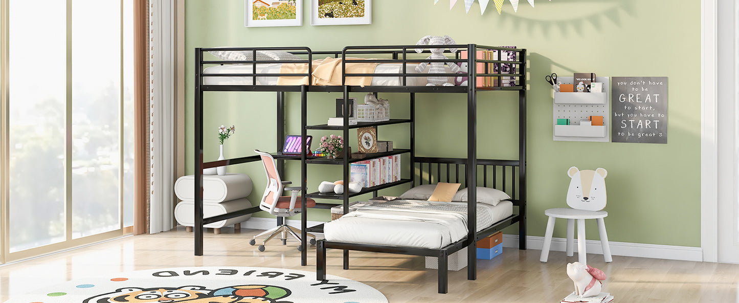 Black Metal Bunk Bed with Desk, Shelves, and Ladder