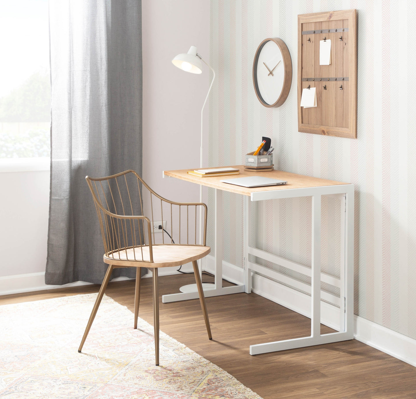 Roman Industrial Office Desk with White Metal Frame and Natural Bamboo Wood Top - Stylish and Functional Industrial Desk