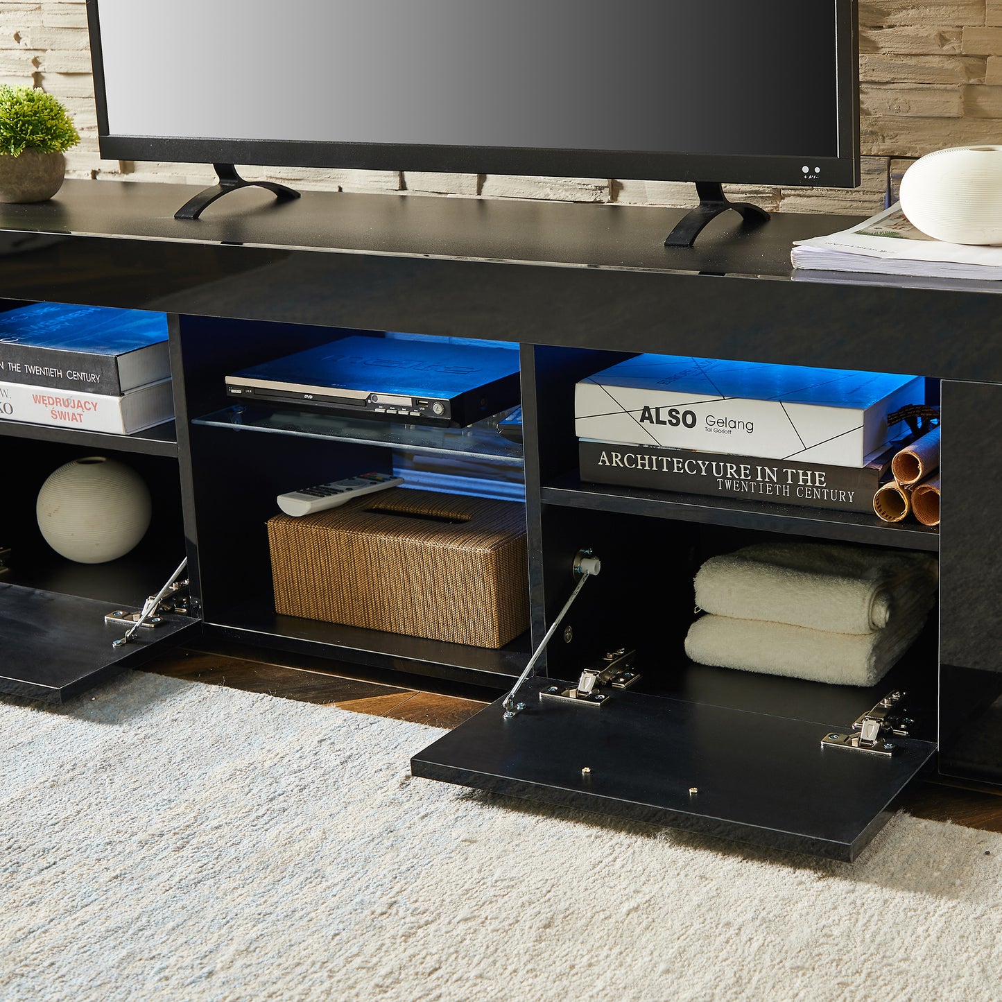 Modern Black TV Stand with LED Lights and High Gloss Front Cabinet - Versatile Assembly for Any Room - Black Color