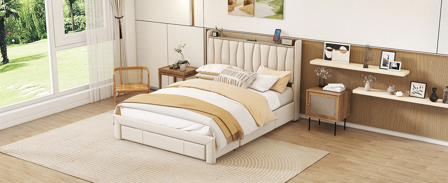 Queen Size Bed Frame with Storage Headboard and Charging Station, Upholstered Platform Bed with 3 Drawers, No Box Spring Needed, Beige