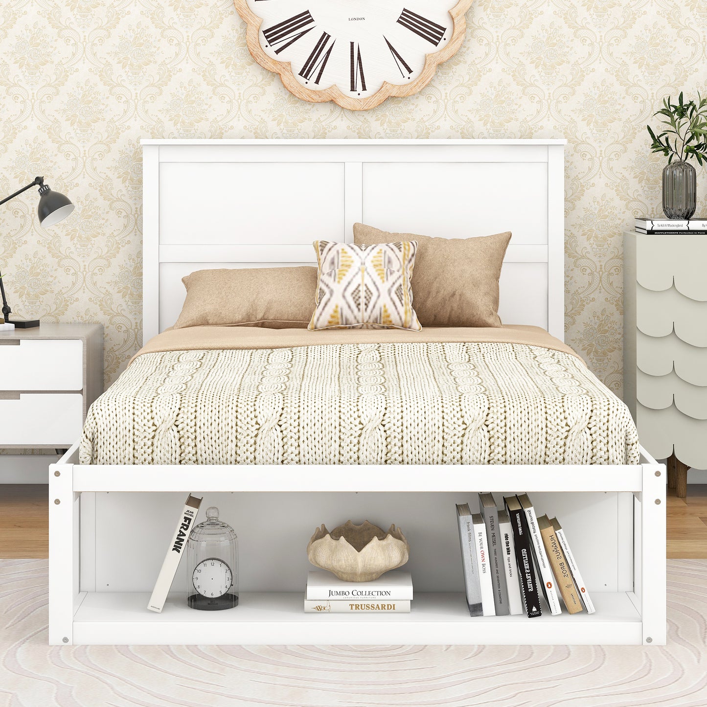 Full Size Platform Bed with Drawer on the Each Side and Shelf on the End of the Bed, White