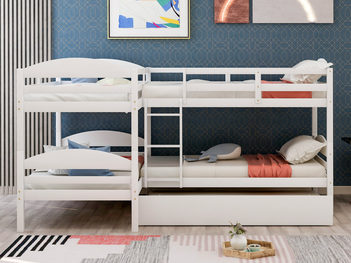 L-Shaped Bunk Bed with Trundle and Three Twin Size Beds