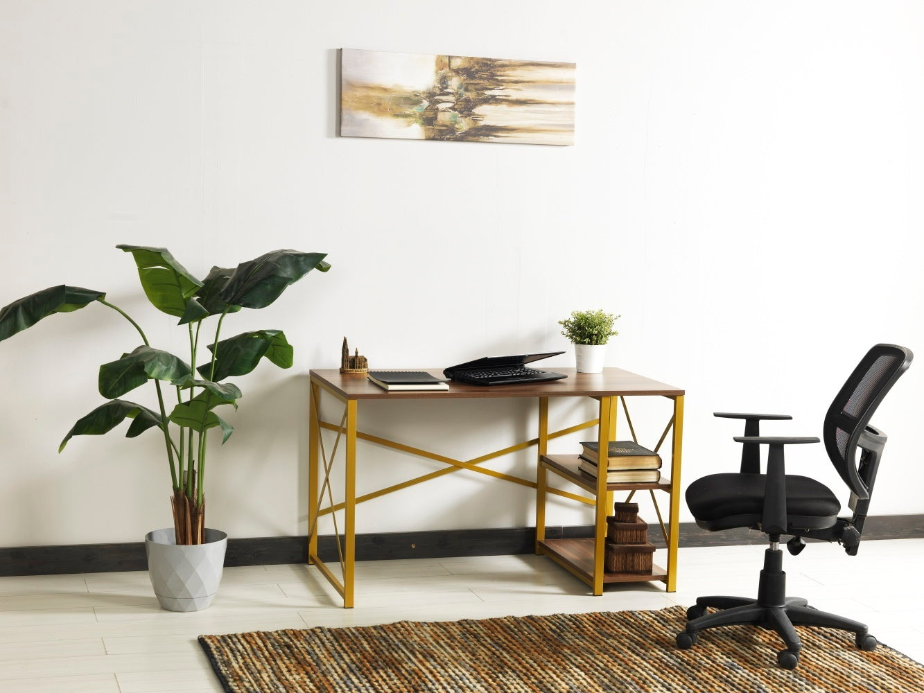 Elegant Morello Gold Metal Frame Writing and Computer Desk with Wooden Top and Shelves, White - Sophisticated Home Office Desk