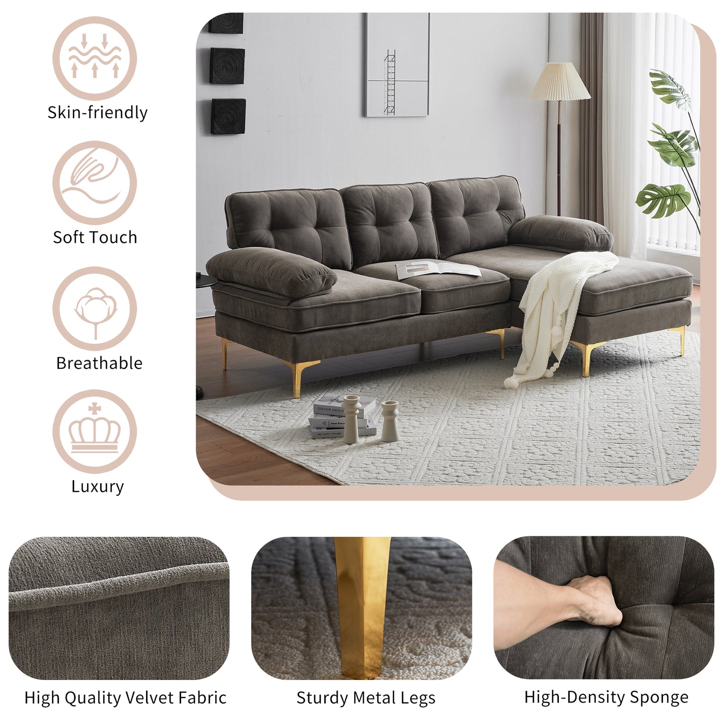 Luxurious Brown Velvet L-Shaped Modern Sectional Sofa for Living Room or Bedroom