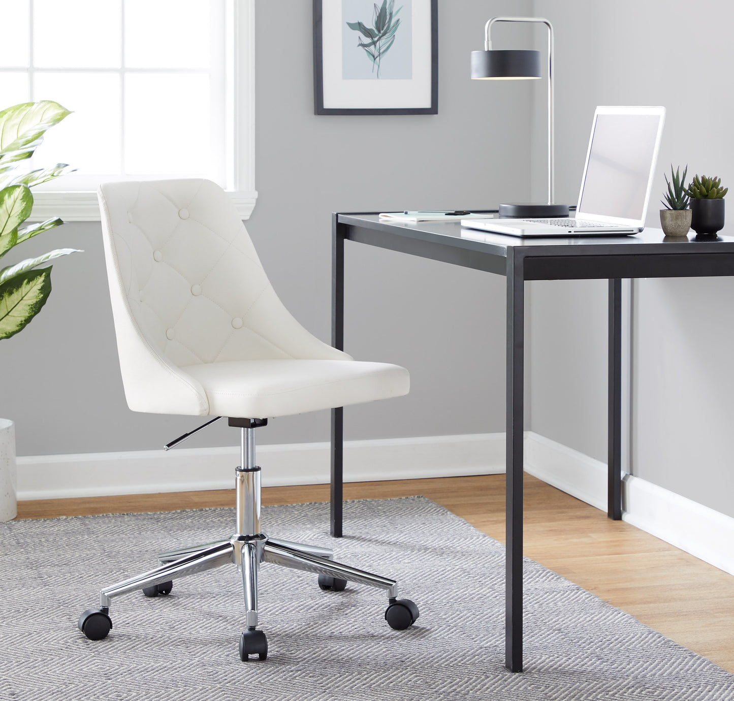 Marche Contemporary Swivel Task Chair with Casters in Chrome Metal and White Faux Leather by LumiSource