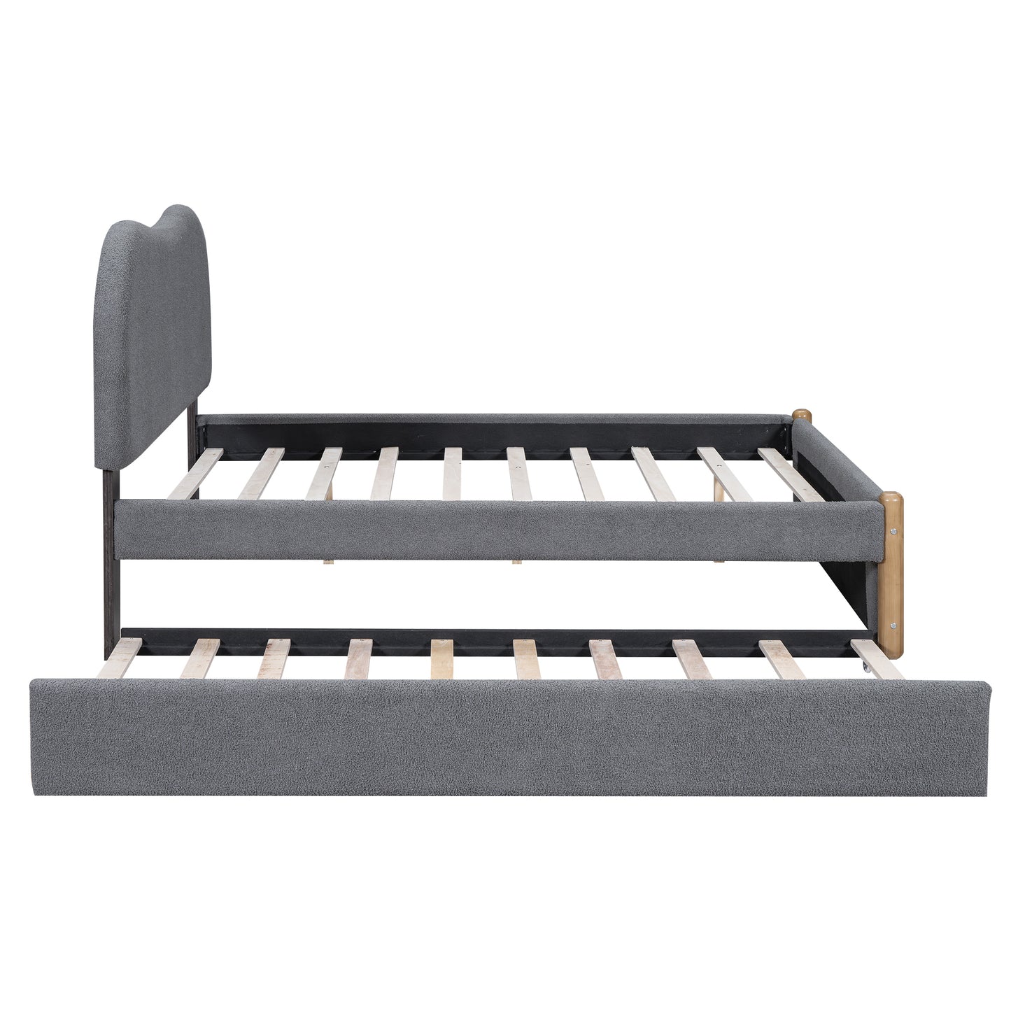 Full Size Upholstered Platform Bed with Wood Supporting Feet and Twin Size Trundle, Gray