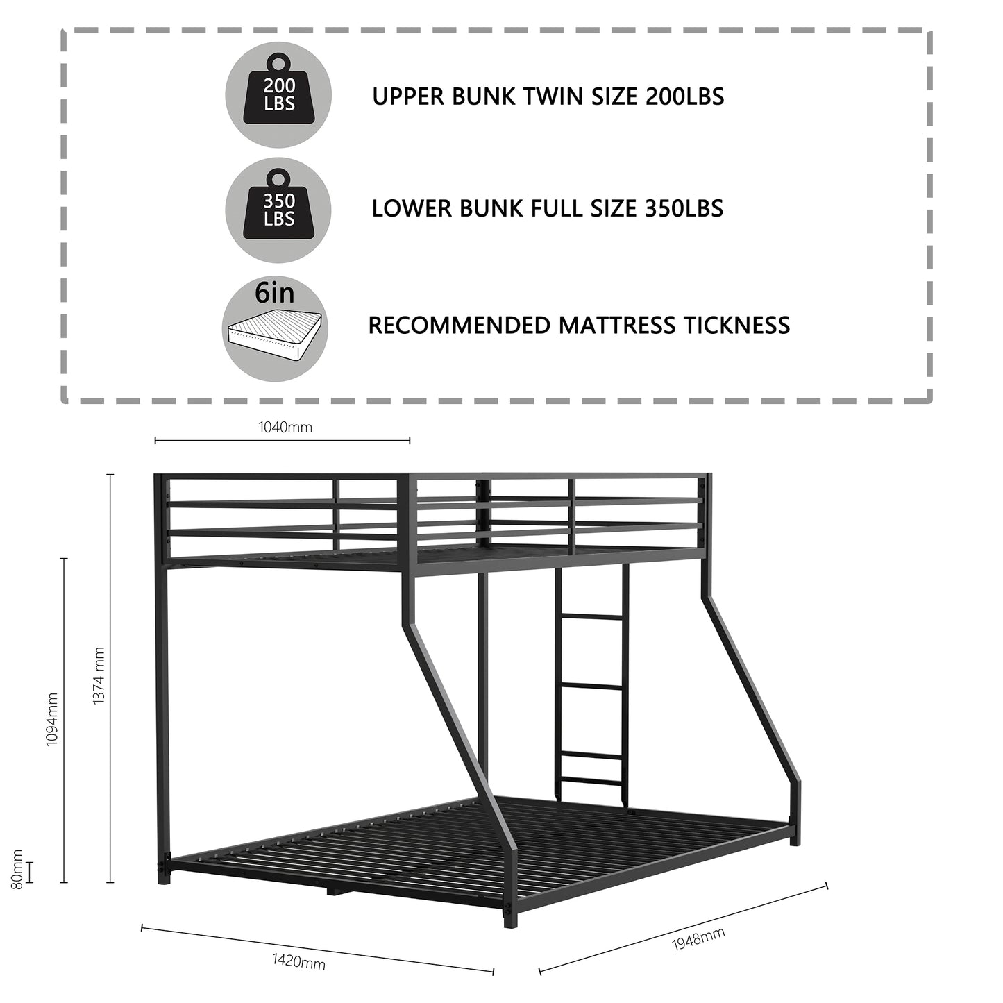 Adam Twin Over Full Metal Bunk, Black