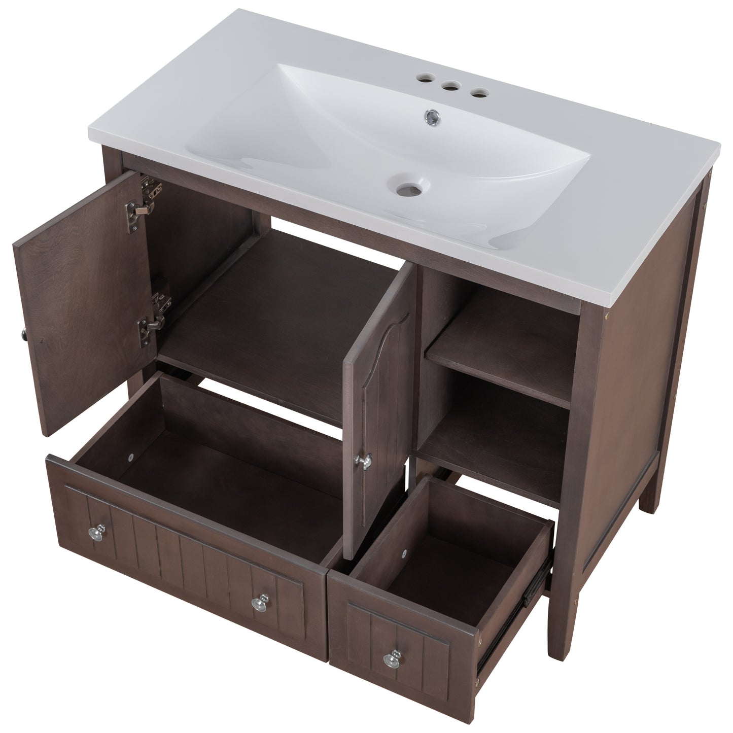 36" Bathroom Vanity with Ceramic Basin, Bathroom Storage Cabinet with Two Doors and Drawers, Solid Frame, Metal Handles, Brown