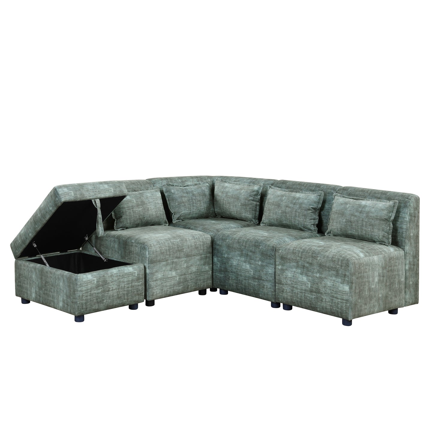 Endless Lounge Creations: Free-Combined Blue-Green Sectional Sofa with Storage Ottoman and 5 Pillows