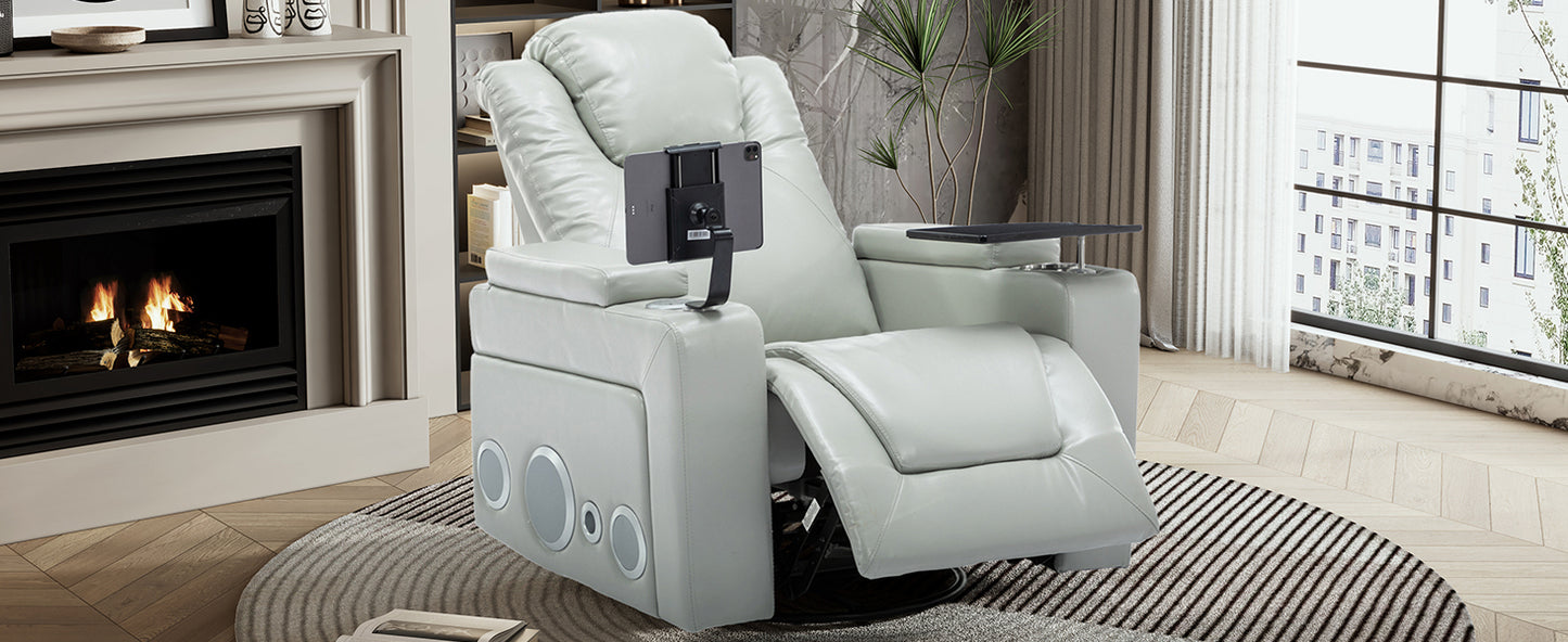 Luxurious Grey PU Leather Power Recliner with Surround Sound and Storage.