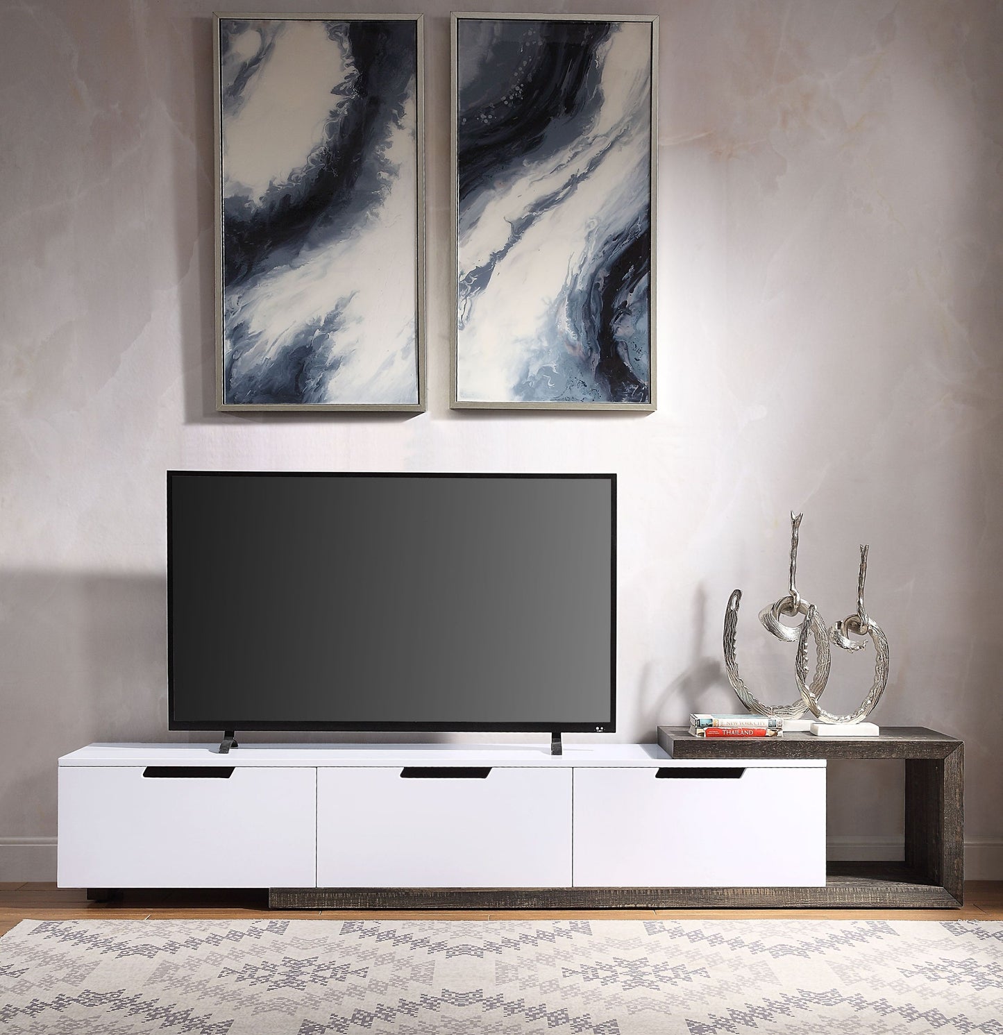 Orion TV Stand in White High Gloss & Rustic Oak with Three Drawers