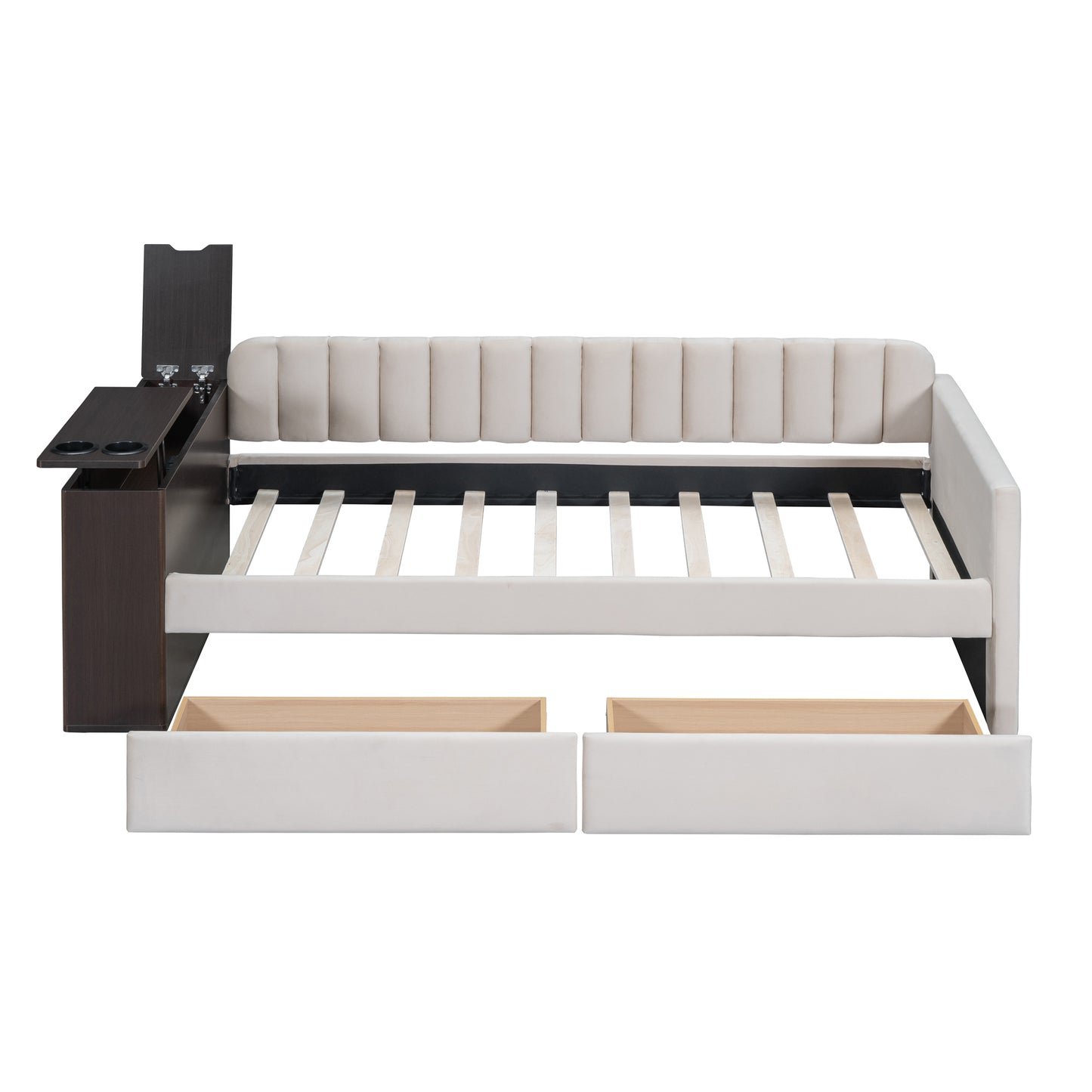 Twin Size Upholstered Daybed with Storage Armrest and 2 Drawers, Multi-functional Daybed with Cup Holder and a set of USB Ports and Sockets, Beige