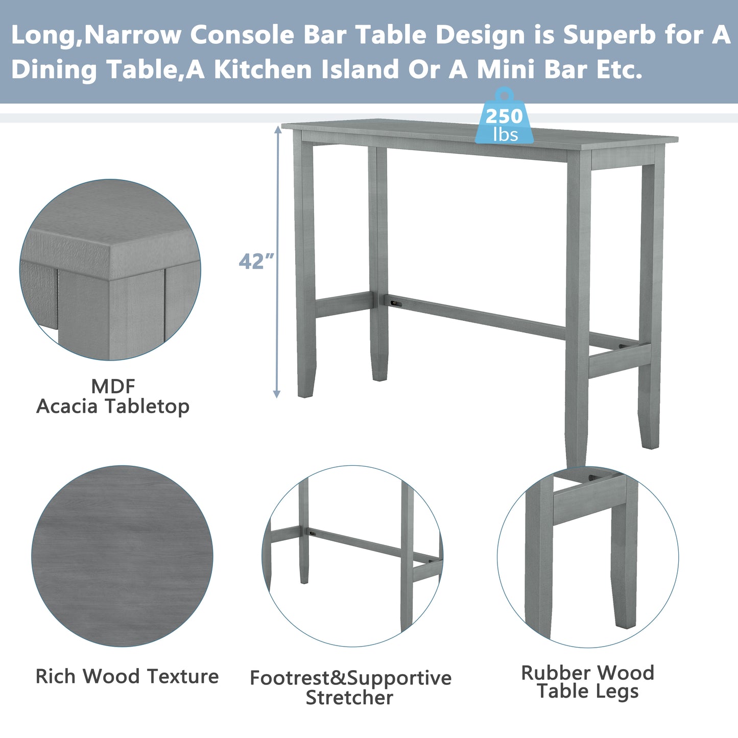 Farmhouse 48"Rectangular Wood Bar Height Dining Set Kitchen Breakfast Nook with 2 Chairs for Small Places,Gray