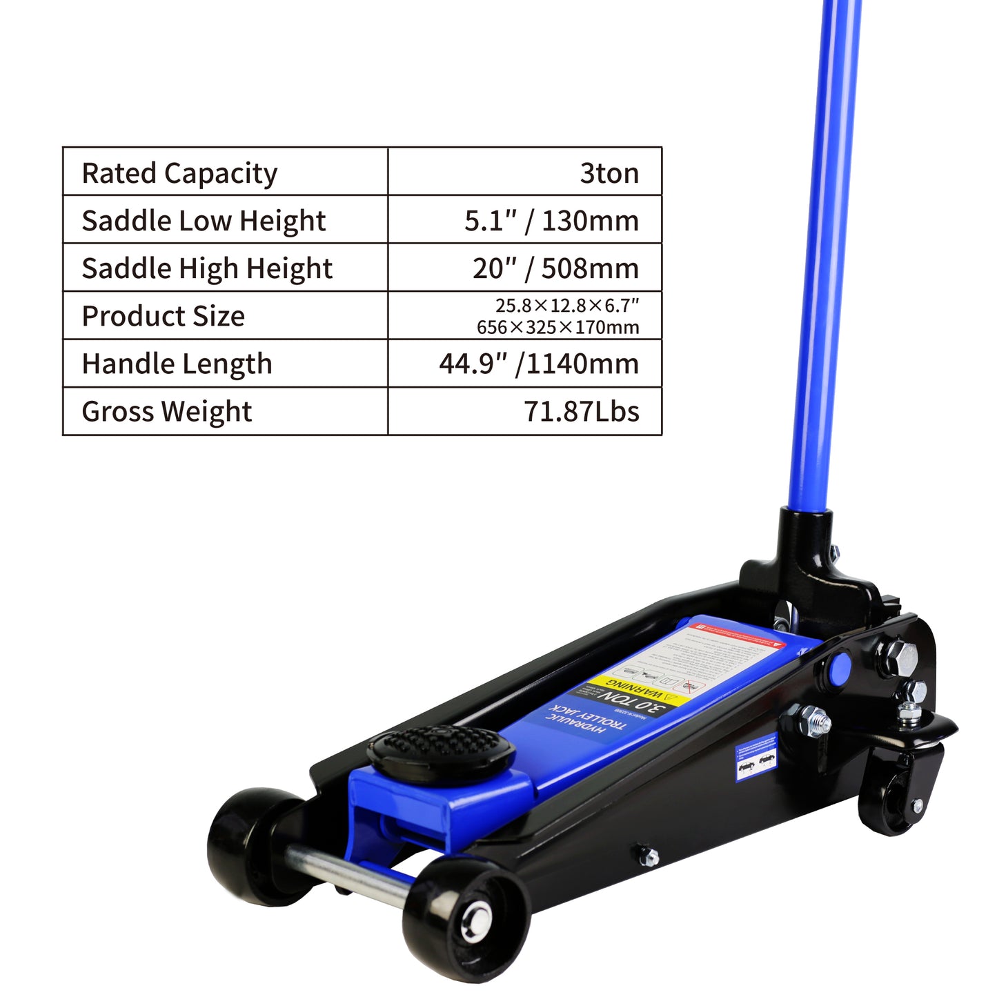 3-Ton Hydraulic Low Profile Racing Floor Jack with Quick Piston Lift - Blue