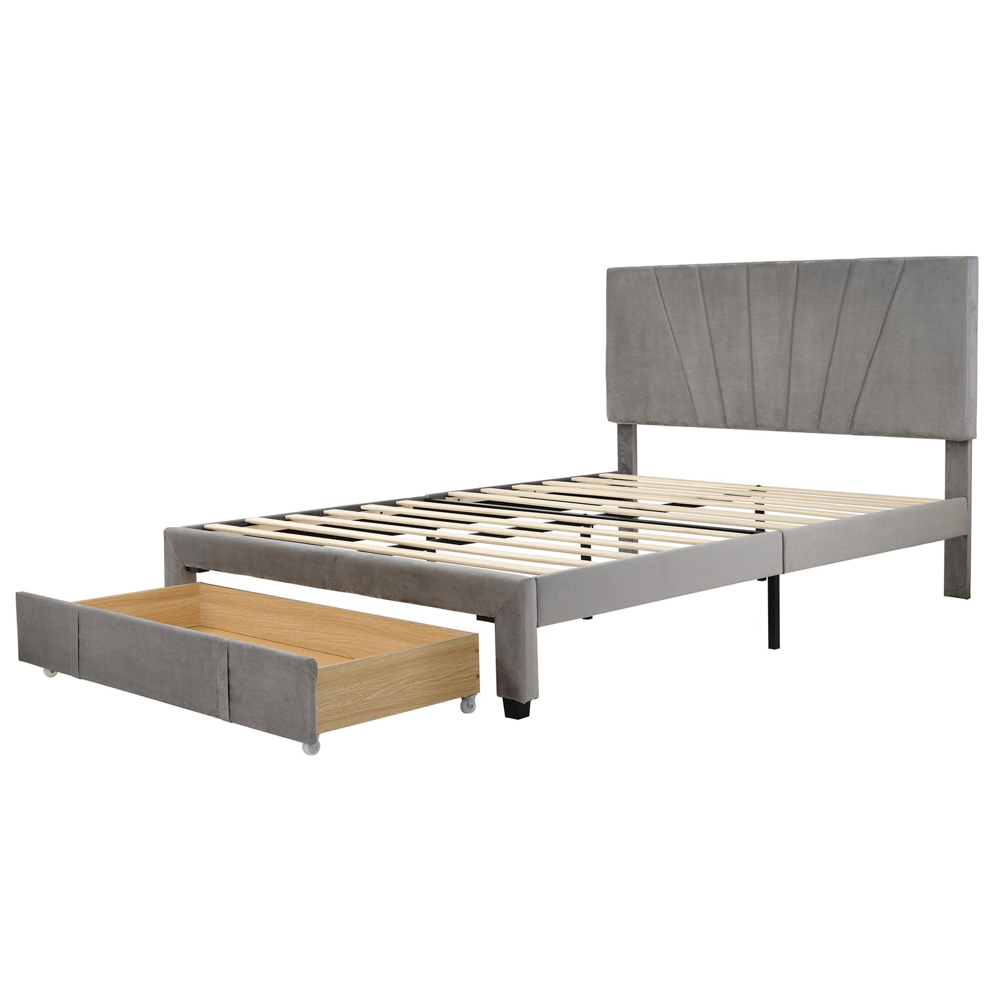 Queen Size Storage Bed Velvet Upholstered Platform Bed with a Big Drawer - Gray