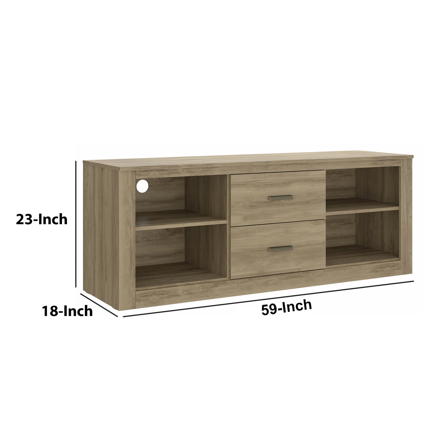 59-Inch Oak Brown Wooden TV Stand with Drawers and Open Compartments