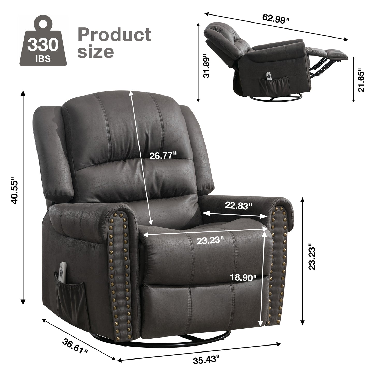 Grey Massage Rocker Recliner Chair with Heating, USB Charge Port, and Vibration Massage