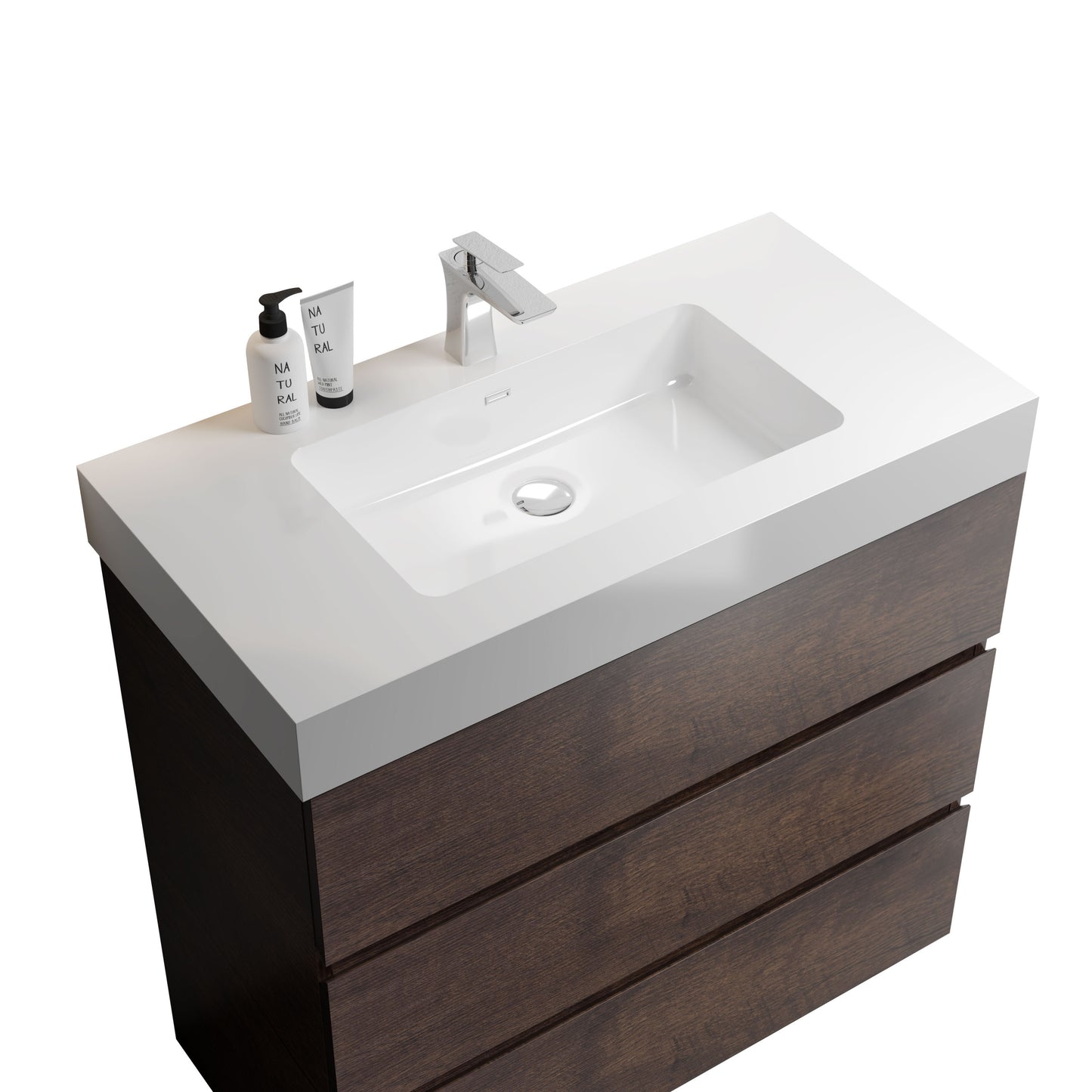 Alice-36F-105,Floor cabinet WITHOUT basin,Walnut color,With three drawers