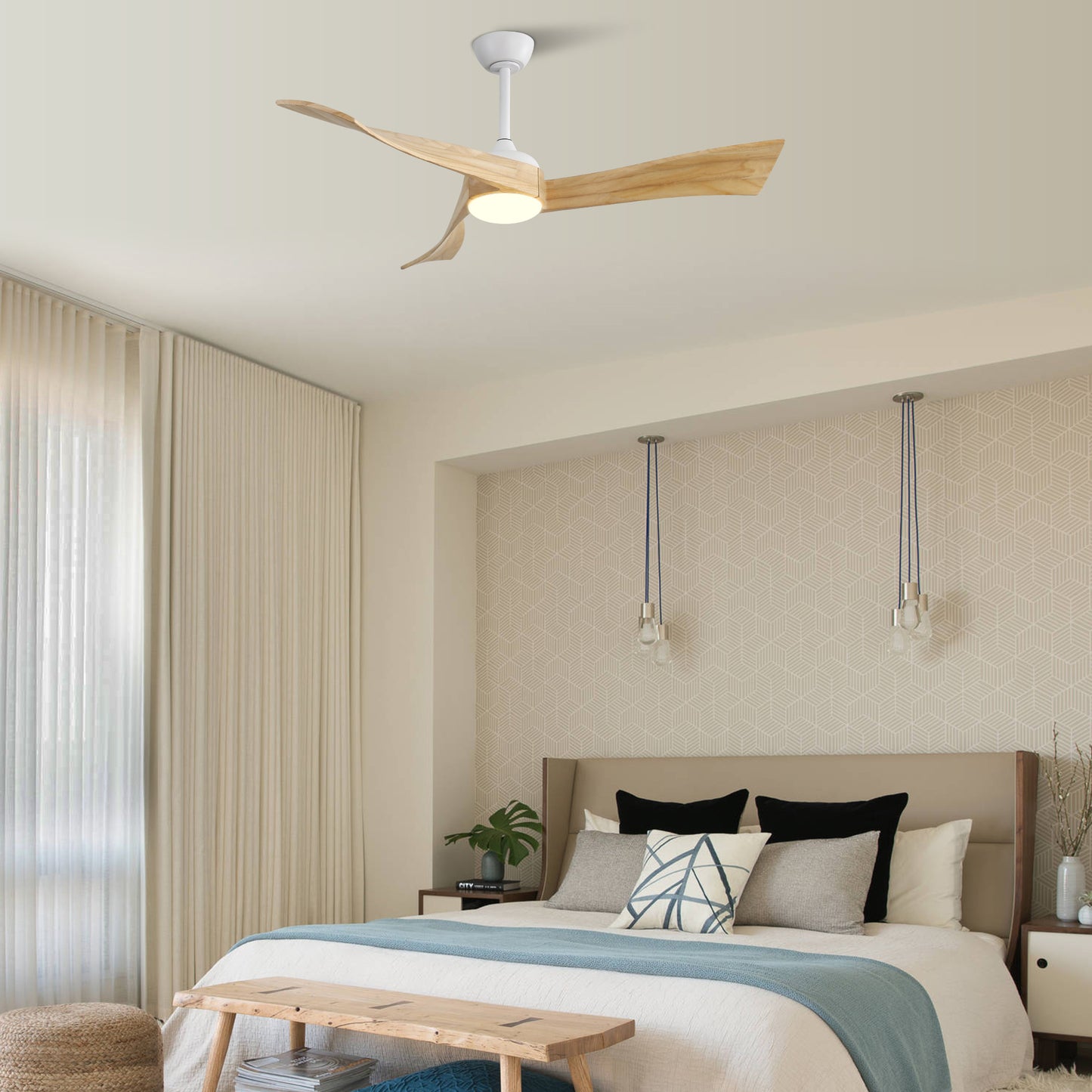 52 Modern White Wood Ceiling Fan with 6-Speed Remote-controlled DC Motor & Energy-saving Features