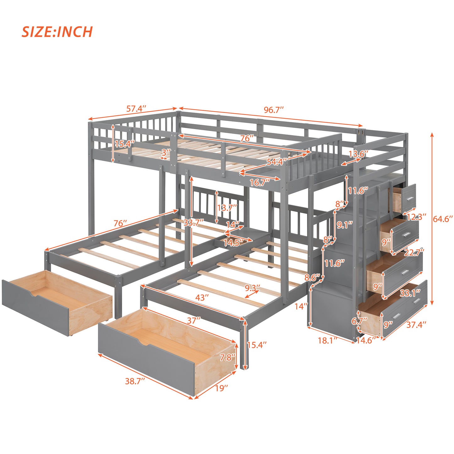 Triple Bunk Bed with Storage Drawers - Space-Saving Gray Design