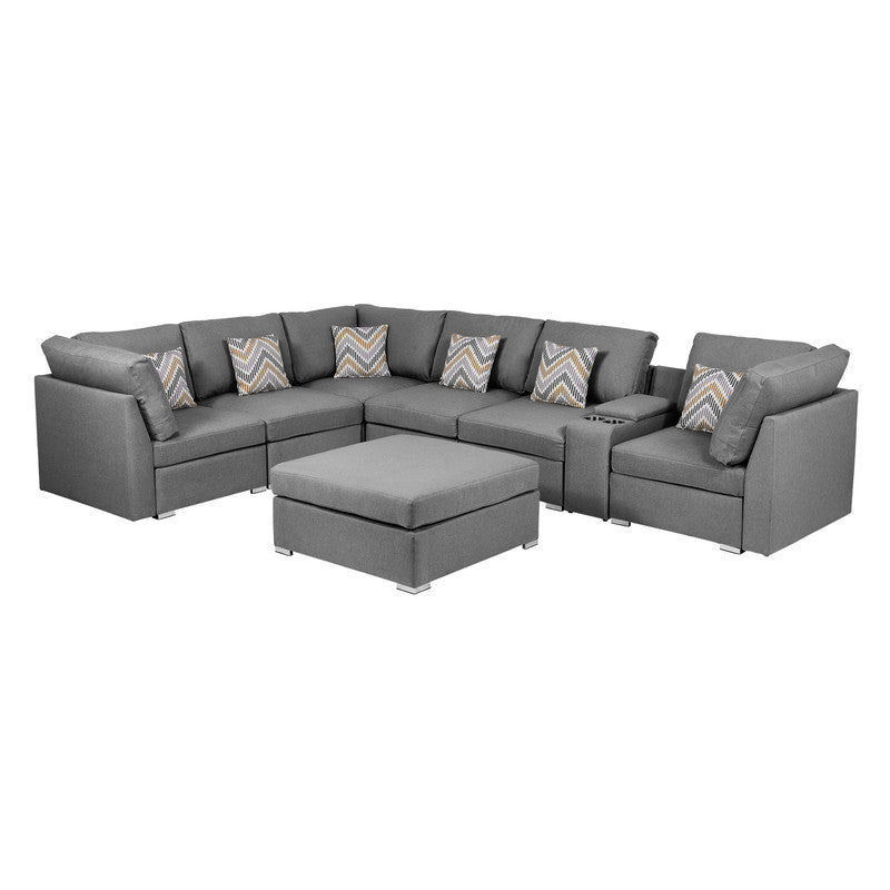 Gray Fabric Modular Sectional Sofa with USB Console and Ottoman