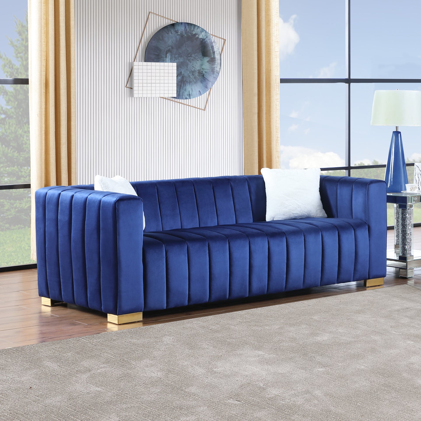 A modern  channel sofa  take on a traditional Chesterfield,Navy blue color,3 seater