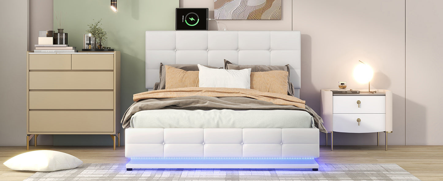 Full Size Tufted Upholstered Platform Bed with Hydraulic Storage System,PU Storage Bed with LED Lights and USB charger, White(Expected Arrival Time: 5.15,AT)