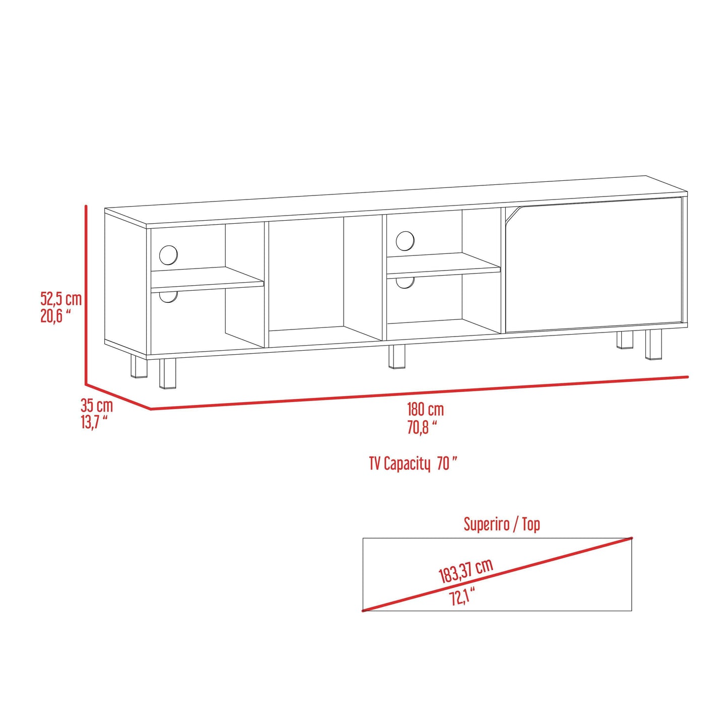 Sleek White TV Stand with Four Shelves and Five Legs, for TVs up to 70