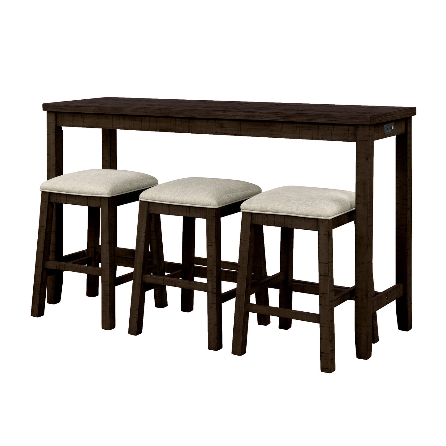 4 Pieces Counter Height Table with Fabric Padded Stools, Rustic Bar Dining Set with Socket, Brown