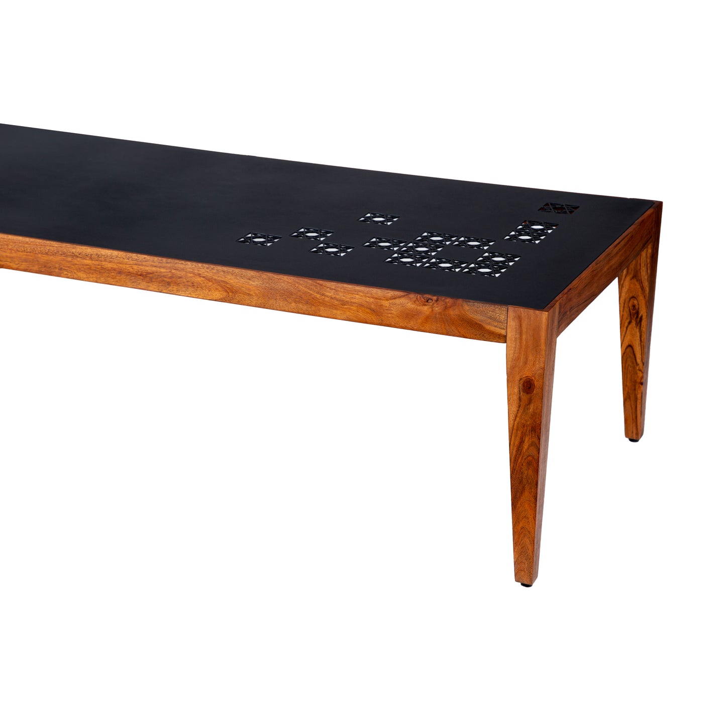 Metal Top Coffee Table with Laser Cut Design, Black and Brown - Alba 47 Inch Rectangular