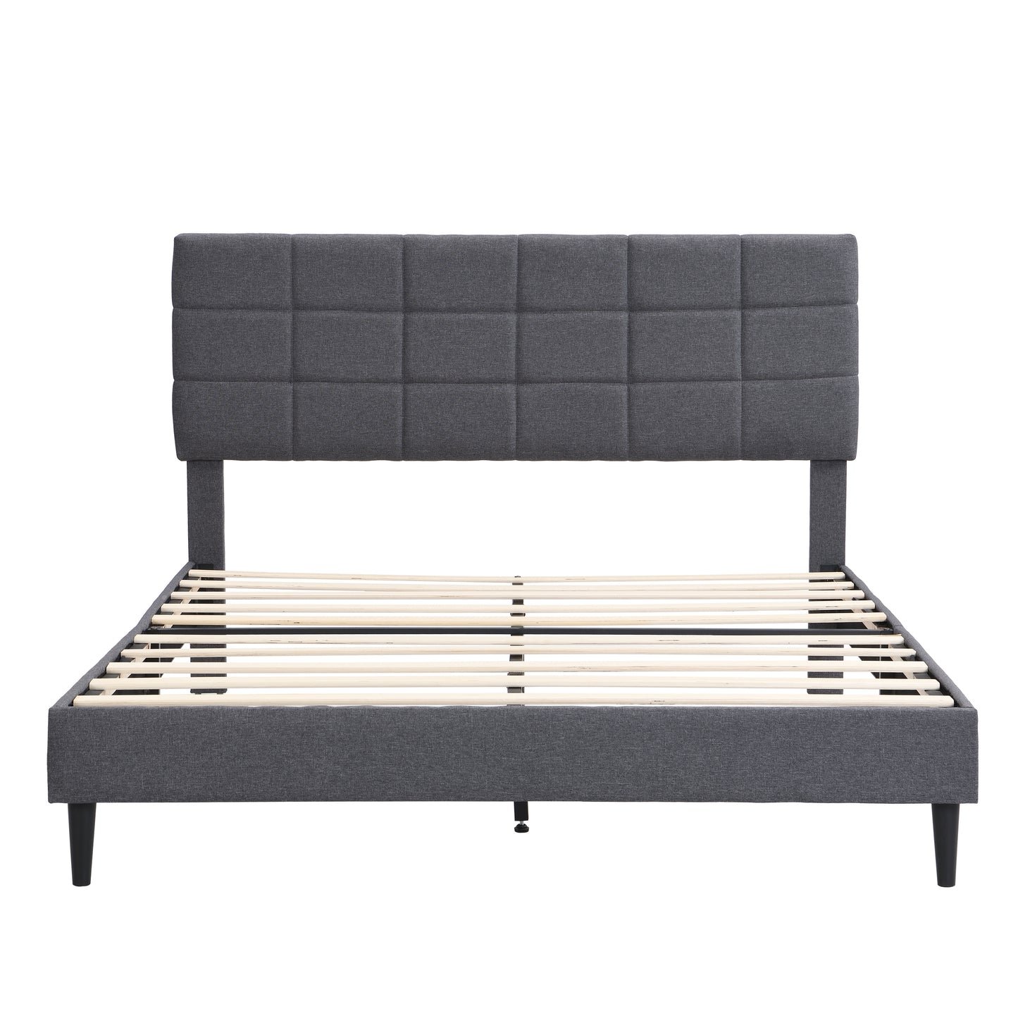 Full Size Platform Bed Frame with Fabric Upholstered Headboard and Wooden Slats, No Box Spring Needed/Easy Assembly, Grey