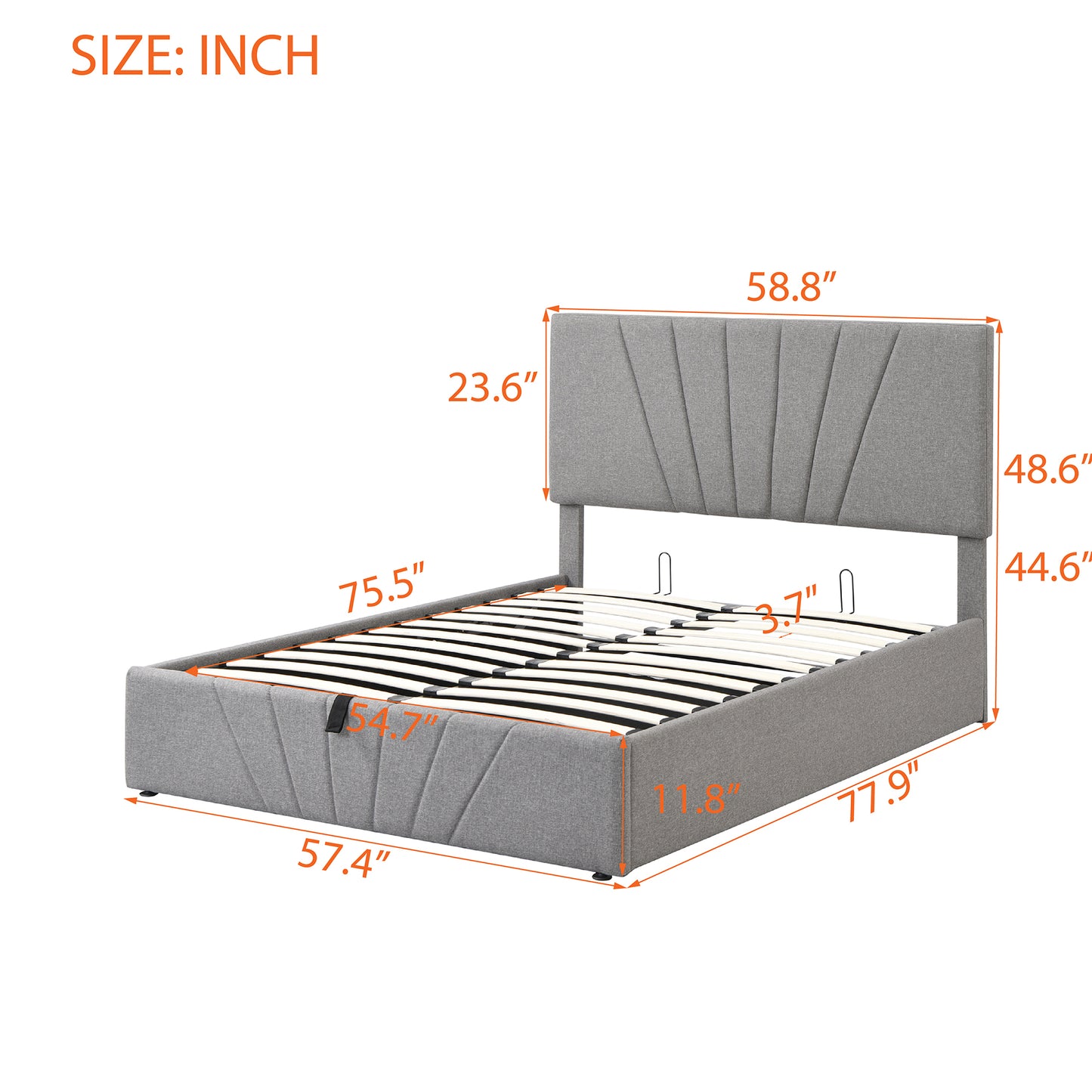 Full size Upholstered Platform bed with a Hydraulic Storage System - Gray