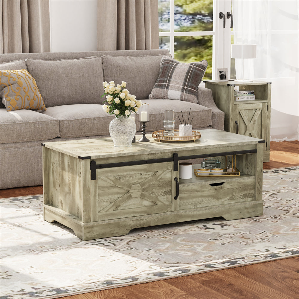 Light Gray Wood Barn Door Coffee Table with Storage and Sliding Door