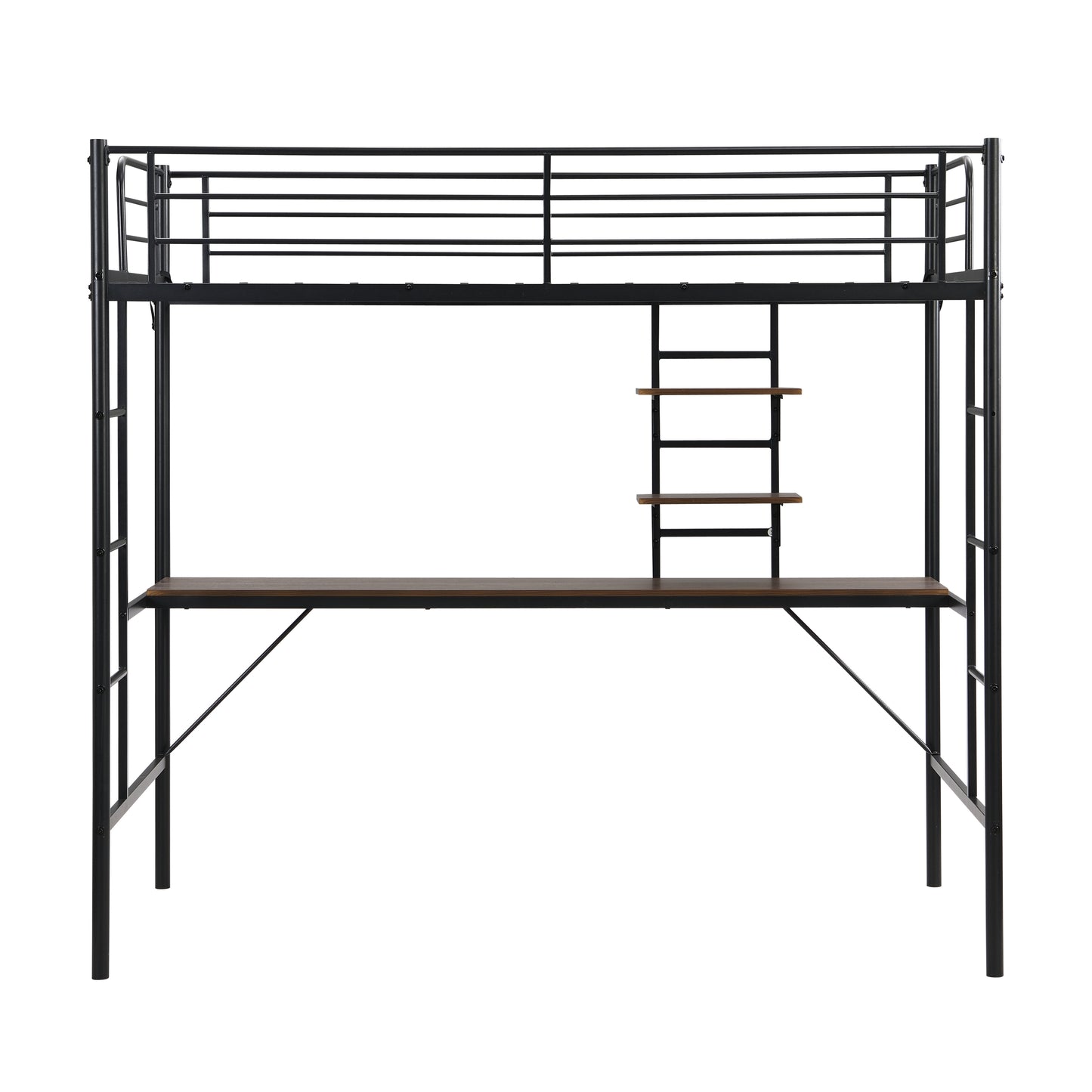 Metal twin loft bed with desk and storage shelves