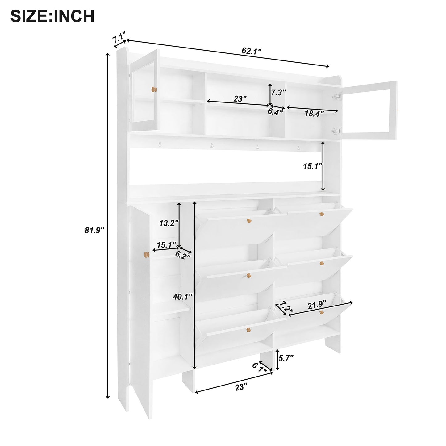 Multifunctional Shoe Cabinet with Storage Shelf & 6 Flip Drawers, Modern Large Hall Tree with Tempered Glass Doors, Elegant Foyer Cabinet with 4 Hooks for Hallway, White